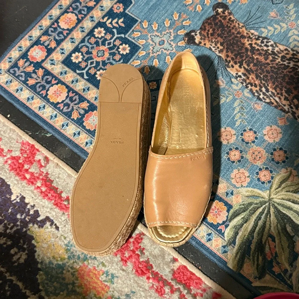 Prada Tan Leather Peep-Toe Espadrille Flats